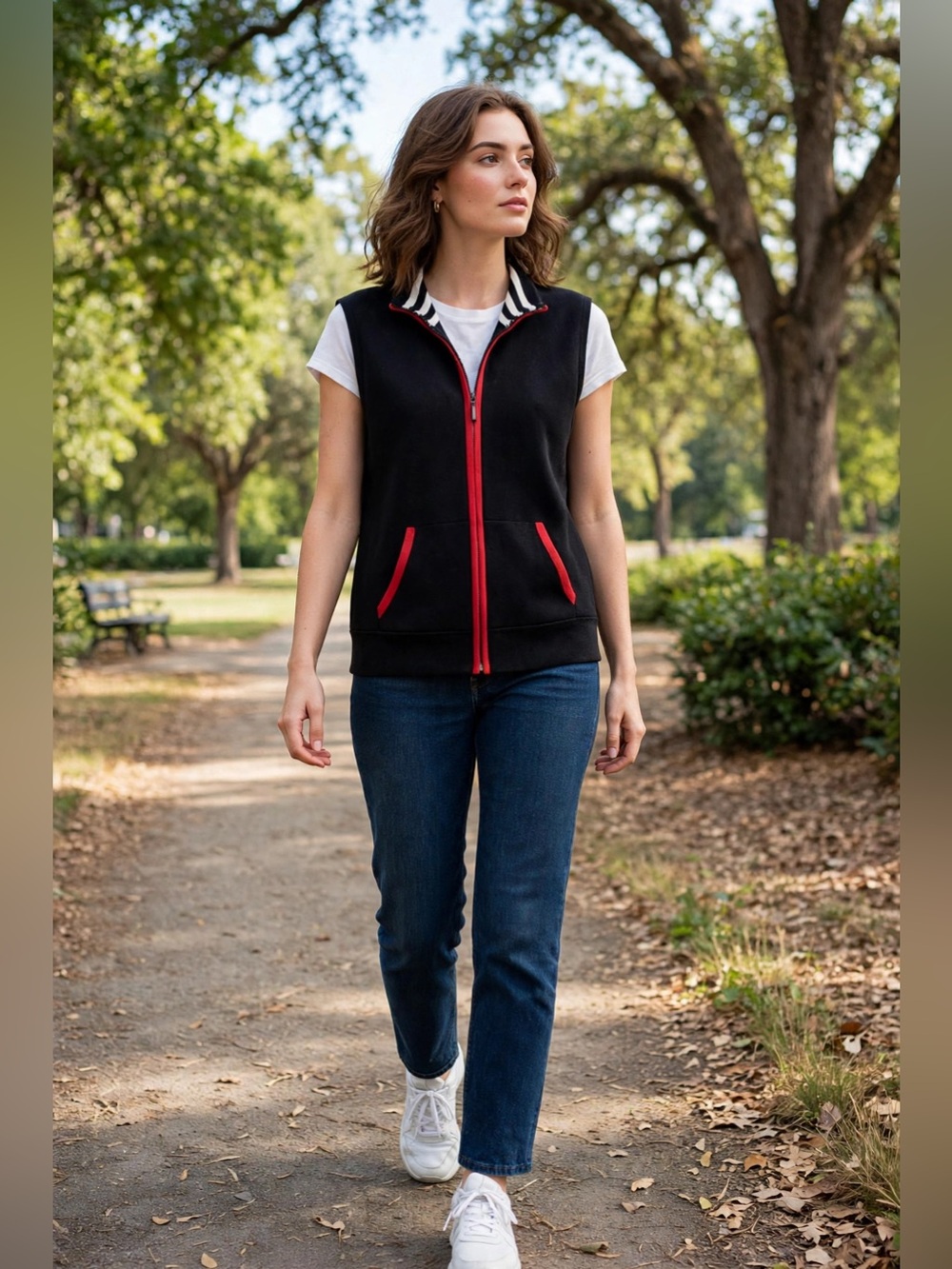 Draper's & Damon's Ribbed Black & Red Zip-Front Vest Petite Large Easy Care